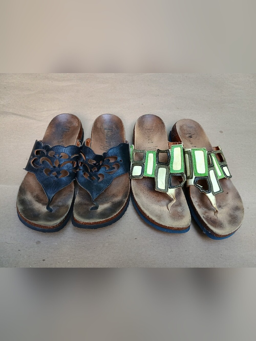 Think! Two Pairs of Women's Leather Thong Sandals — Black and Lime Green Sz 38
